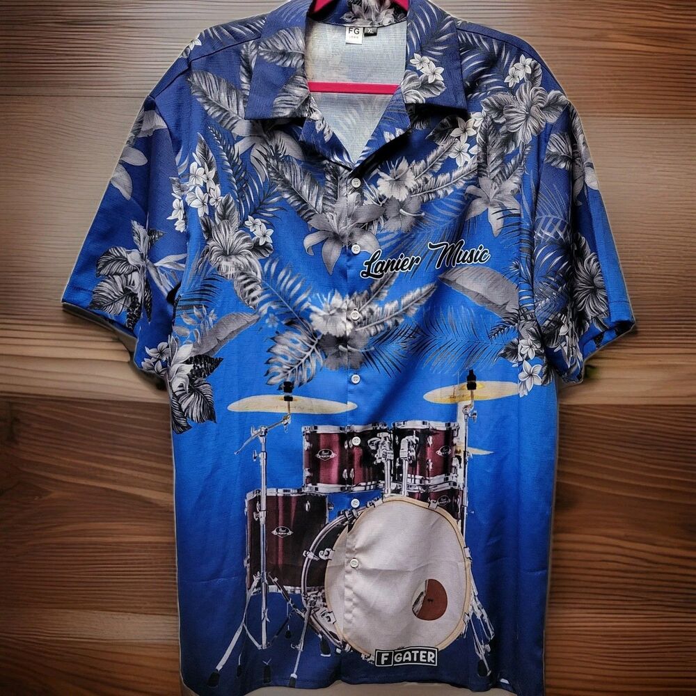 FG Lanier Music Drums Men's Button Down Casual Hawaiian Tropical Print Shirt XL